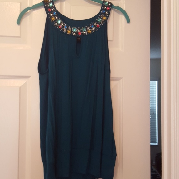 Spense Tops - Teal jeweled neckline top